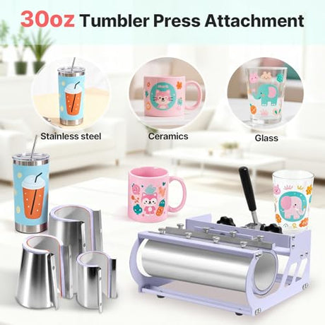 Slendor 8 in 1 Heat Press Machine 15x15 inch 360-Degree Swing Away Digital T Shirt Pressing Machine Multifunction Heat Transfer Sublimation Combo for T Shirts Mugs Hat Plate Cap, Lavender Slendor