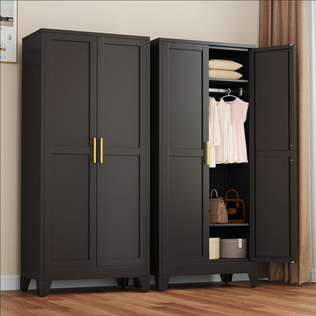 winiowa Metal Armoire Wardrobe Closet with 2 Doors, 71"' Wardrobe Cabinet with Adjustable Shelves and Hanging Rod, Clothing Storage Cabinet Closet for Bedroom-Black winiowa