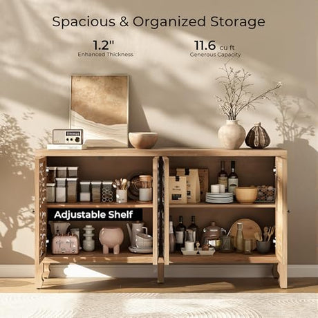Furnivado Buffet Cabinet with Storage, Accent Cabinet with 4 Carved Doors, Solid Wood Sideboard with Adjustable Shelf, Vintage Cabinets for Kitchen, Living Room, Entryway, White&Natural Furnivado
