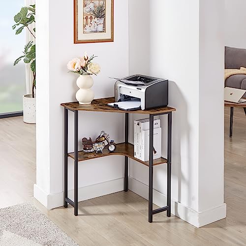 VECELO Corner Computer Desk 33 x 23 inches with Storage Shelves for Small Spaces,Triangular Shape,Brown - WoodArtSupply