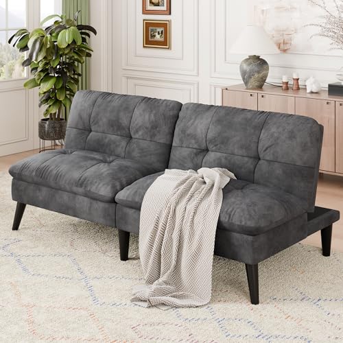 Vongrasig Futon Sofa Bed Velvet Futon Couch with Adjustable Backrest, Small Convertible Folding Sleeper Sofa Bed, Modern Loveseat for Living Room, Bedroom and Small Space, (Grey) Vongrasig