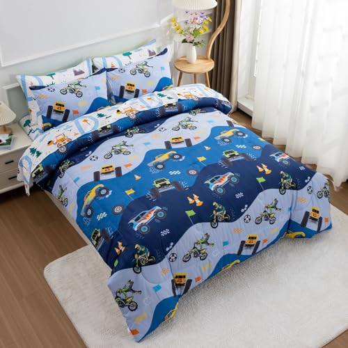 A Nice Night 5Pcs Bed in A Bag Cartoon Cartoon Car Kids Comforter Set Construction Bedding Set, Race Car Motorcycle Truck Pickup Printed, Twin,Dark Blue A Nice Night
