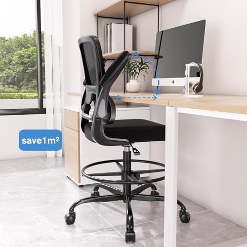 Ergonomic Drafting Chair with Footrest,Tall Office Chair for Standing Desk with Flip-up Armrests with Breathable Comfy Mesh Support and Adjustable Foot Rest Ring(Black) Alolo