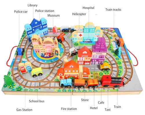 Wooden Building Blocks Set, Electric Train City Construction Stacking Blocks Preschool Learning Educational Toys,Toddler Toys for 3+ Year Old Boy and Migargle