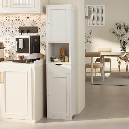 Shintenchi Tall Bathroom Storage Cabinet, Slim Corner Floor Cabinet with Doors and Drawer, Freestanding Narrow Bathroom Organizer with Adjustable Shelves for Small Space, White Shintenchi