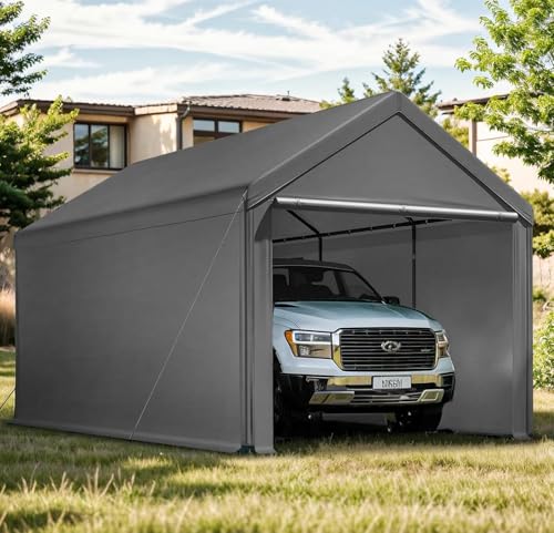 Carport, 10x20ft Heavy Duty Car Port, Portable Garage with Removable Sidewalls & Doors, Car Canopy with All-Season Tarp for Car Boat Truck Party (S-Grey) TANGJEAMER