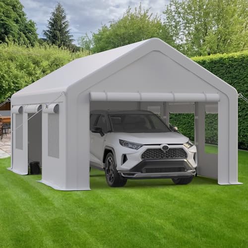 GarveeLife 10x20ft Carport Heavy Duty, Portable Garage with 4 Doors + 4 Window, Upgraded Carport with Reinforced Steel Poles, Uv Resistant Waterproof Tarp, Portable Carport for Car, Truck, Boat GarveeLife