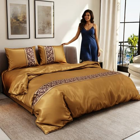 Stoa Paris King Duvet Cover Set 3PCs, 300TC Silk-Like All-Season Luxury Satin Bedding, Skin & Hair Safe, Home Decor, Hidden Zipper + 2 Pillow Shams 20x40”, No Comforter Included, Versailles - Gold Stoa Paris