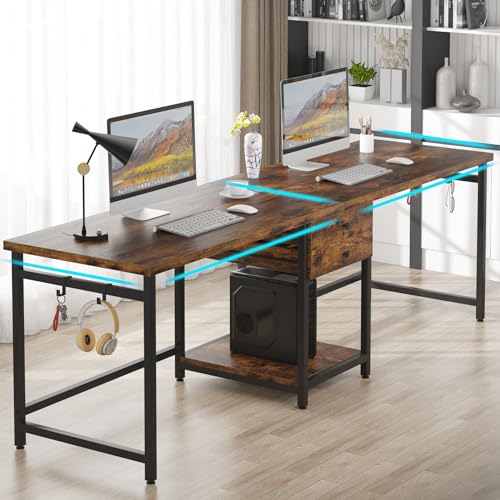 Tribesigns 79 Inch Extra Long Desk, Double Desk with 2 Drawers, Two Person Desk Long Computer Desk with Storage Shelves, Writing Table Study Desk for Home Office, Rustic Brown - WoodArtSupply