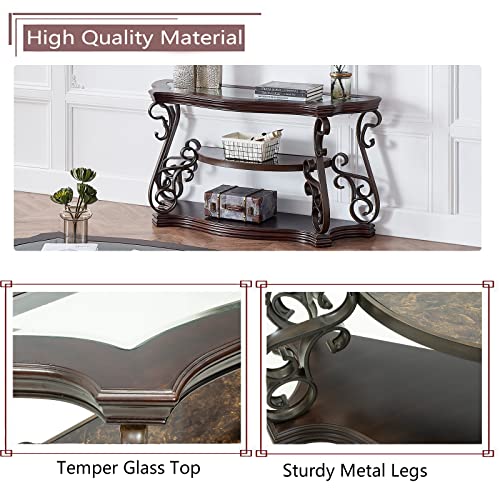 Goujxcy Elegant Retro Console Table, 3-Tier Traditional Rectangle Sofa Table with Tempered Glass Top, Mid-Marble Shelf, Vintage Accent Entryway Table for Living Room Hallway, Easy Assembly Goujxcy