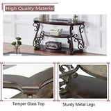 Goujxcy Elegant Retro Console Table, 3-Tier Traditional Rectangle Sofa Table with Tempered Glass Top, Mid-Marble Shelf, Vintage Accent Entryway Table for Living Room Hallway, Easy Assembly Goujxcy