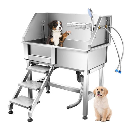 Yokrawpet 34'' Dog Washing Station,Dog Grooming Tub Stainless Steel Dog Washing Station for Small Pets, Dog Bathtub with Faucet Walk-in ramp and Accessories (Left Door)