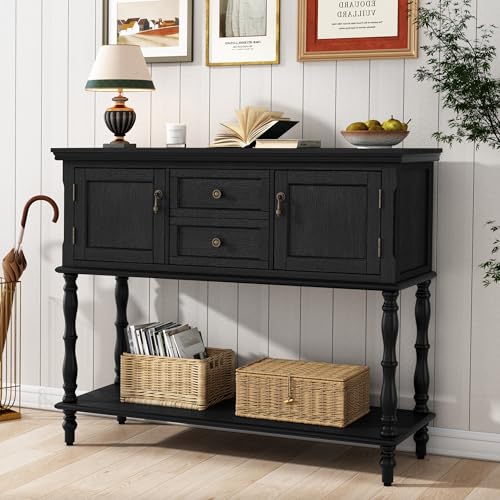 ARTPOWER Console Table with 2 Drawers, Retro Entryway Table with 2 Door Cabinets and Open Storage Shelf, Narrow Long Behind Couch Sofa Table for Living Room, Foyer, Hallway, Black ARTPOWER