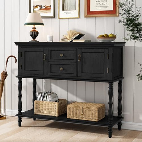 ARTPOWER Console Table with 2 Drawers, Retro Entryway Table with 2 Door Cabinets and Open Storage Shelf, Narrow Long Behind Couch Sofa Table for Living Room, Foyer, Hallway, Black ARTPOWER