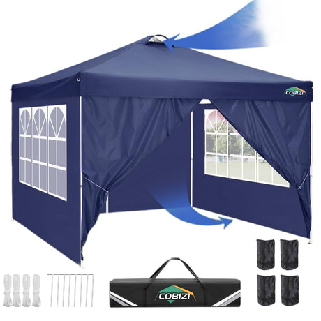 COBIZI 10x10 Pop Up Canopy Tent with 4 Sidewalls, UPF 50+Waterproof Outdoor Canopy with Air Vent, Instant Portable Camping Canopies Gazebo for Commercial Sun Shade Party, 4 Sandbags(Dark Blue) COBIZI