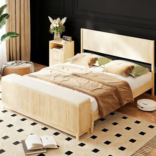 VINGLI Fluted King Bed Frame with Wingback Headboard and Footboard Storage Bench, Boho Wooden Single Platform Panel Bed with 4 Drawers,Mid-Century Modern Sleign Bed,Beige VINGLI