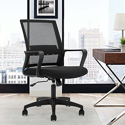FDW Office Chair Ergonomic Desk Chair Mid-Back Mesh Computer Chair Lumbar Support Comfortable Executive Adjustable Rolling Swivel Task Chair with Armrests,Black FDW