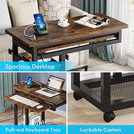 Tribesigns Small Portable Desk with Power Outlet, Height Adjustable Sofa Couch Bedside Laptop Table with Wheels, Mobile Standing Desk Rolling Computer Cart C Side Table with USB Ports Tribesigns