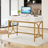 Tribesigns Modern Computer Desk with 2 Drawers, 41 Inches Study Writing Office Desk for Home Office, Bedroom, Makeup Vanity Table Desk with Gold Metal Frame, White & Gold Tribesigns