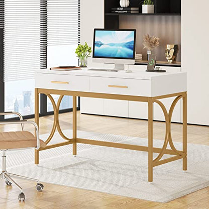 Tribesigns Modern Computer Desk with 2 Drawers, 41 Inches Study Writing Office Desk for Home Office, Bedroom, Makeup Vanity Table Desk with Gold Metal Frame, White & Gold