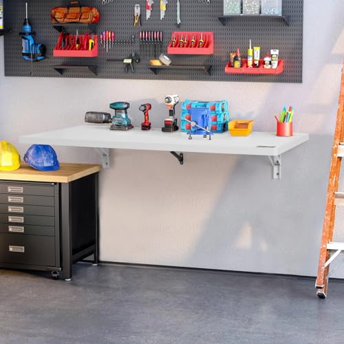 VEVOR Wall Mounted Folding Table, 39.37" x 19.69" Wall Mount Drop Leaf Table, Floating Desk with Iron Bracket, Fold Down Desk for Small Spaces, Home Office, Dining, Laundry Room, Kitchen, Bar, White VEVOR