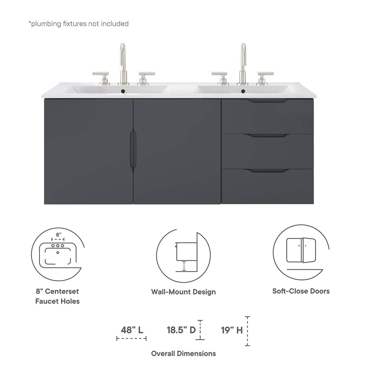 Modway Vitality 48" Double Sink Bathroom Vanity, Gray White Modway