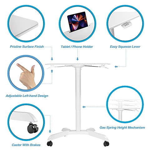 AVLT 44-inch Ambidextrous Pneumatic Laptop Standing Desk Cart (3 ft 8 in), Mobile Rolling Desk with Adjustable Height, Folding Computer & Projector Cart, White Cart with Brakes AVLT
