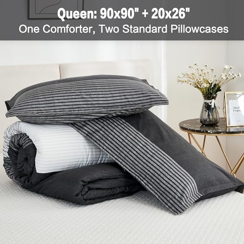 Litanika Queen Comforter Set Black White Grey - 3 Pieces Lightweight Summer Bedding Set, All Season Down Alternative Comforter (1 Comforter, 2 Pillowcases) Litanika