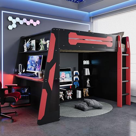 HZXINKEDZSW Full Size Wood Gaming Loft Bed with Desk, Multi-Storage Shelves and Light Strip, Modern Esports Style Bed Frame for Boys Girls Teens Bedroom Apartment Dormitory (Black+Red, Full) HZXINKEDZSW