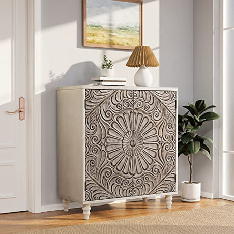 COSIEST 32" W Sideboard Buffet Cabinet with Storage, Accent Cabinet with 2 Push-to-Open Magnetic Doors, Vintage MDF Buffet Table for Living Room, Kitchen, Hallway (Gray,Flower Pattern) COSIEST