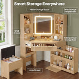 HAUOMS Fluted Corner Vanity Desk with Mirror Lights, Makeup Vanity with Charging Station, Drawers & Rotating Cabinets, Corner Vanity with Storage Bench, for Bedroom, Natural Wood HAUOMS