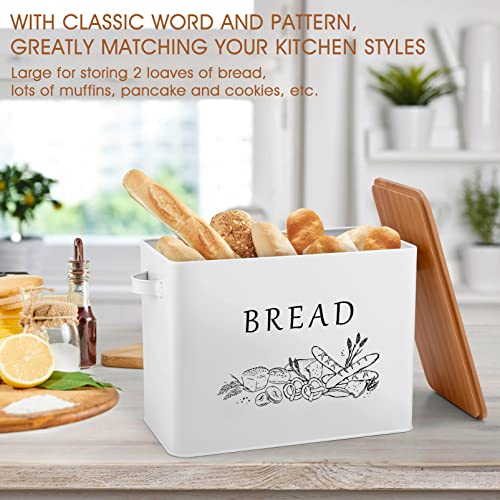 TeamFar Bread Box with Wooden Lid, 13.1” x 7.2” x 9.7” Metal Bread Container Storage Holder for Family Farmhouse Kitchen Countertop, Powder-Coated & Healthy, Large Capacity & Classic Pattern (White)