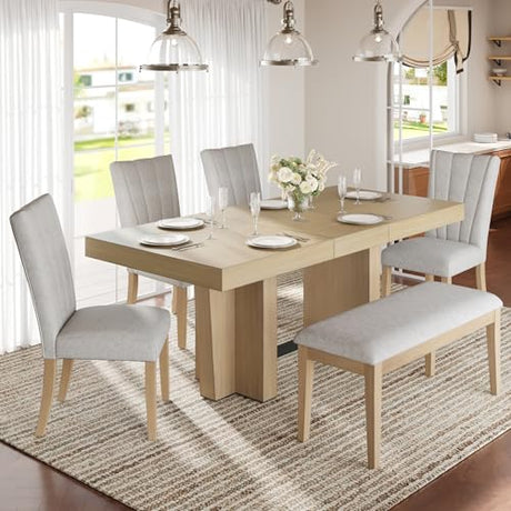 Merax Farmhouse Wooden Dining Set of 6, 78.1 Inch Extendable Kitchen Dining Table, Upholstered 4 Chairs with Backrest, Bench with Cushion, Easy Assemble, Natural Merax