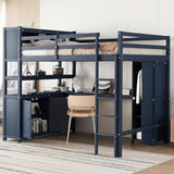 Bellemave Full Size Wood Loft Bed with L-Shaped Desk and Wardrobe,Wooden Loft Bed Frame with Bookshelf and Bookcase Headboard for Kids Teens Adults,Dark Blue Bellemave