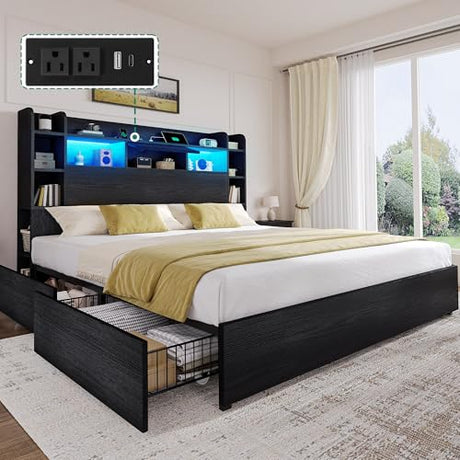 DWVO Queen Size Bed Frame with Bookcase Headboard and 4 Storage Drawers, RGB LED Bed Frame with Type-C & USB Charging Station Storage Headboard Bed, No Box Spring Needed, Noise Free, Black DWVO