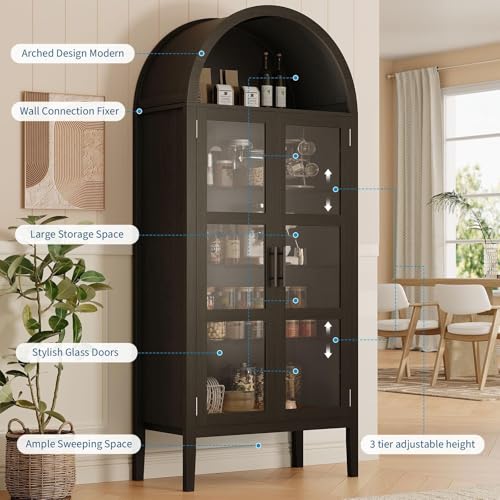IDEALHOUSE 70" Arched Pantry Cabinet with LED Lights & Glass Doors, Modern MDF Freestanding Kitchen Storage Cabinet with Open Shelf, Cupboard for Dining Room, Living Room IDEALHOUSE