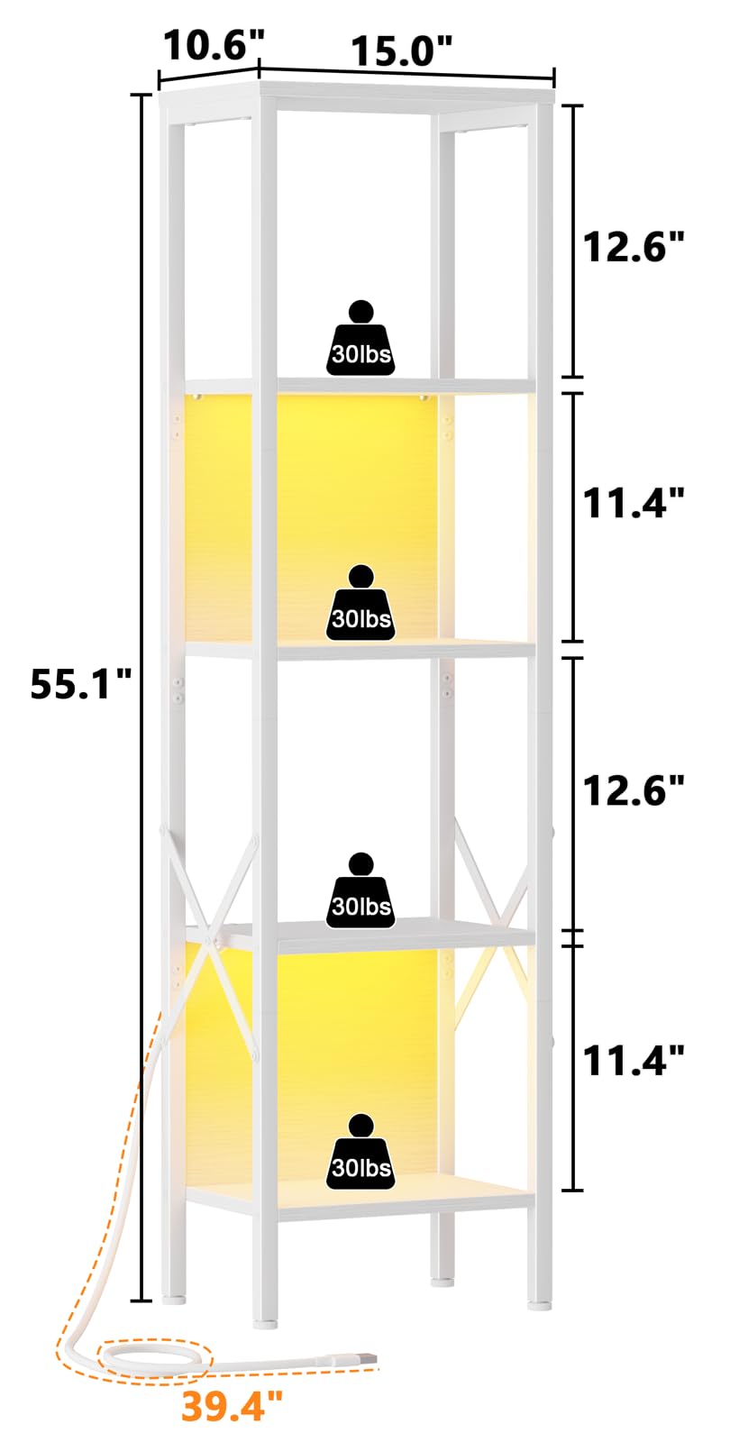 Furologee Bookshelf with LED Lights, 5 Tier Display Shelf with Back, Tall Narrow Bookcase, Modern Corner Standing Shelves, Metal and Wooden Storage Rack for Bedroom, Living Room, Office, White Furologee