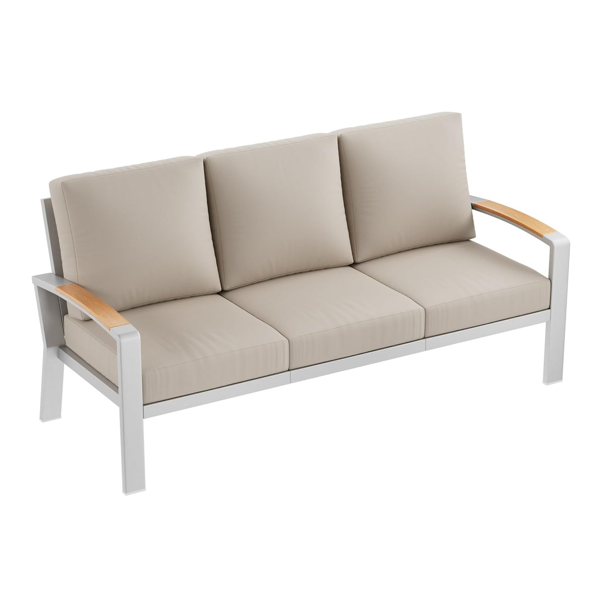 K Knowbody Aluminum Patio Furniture, Light Metal Outdoor 3-Seat Sofa, Curved Armrests, Olefin Cushions, Cast Sectional Sofa Chairs for Balcony, Porch, Backyard, Beige/Silver K Knowbody