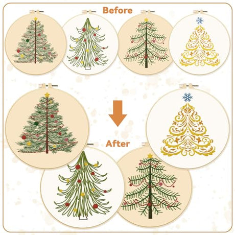 BEUNITONE 4PCS Christmas Tree Embroidery Kit Merry Christmas Stamped Snowflake Pine Tree Needlepoint Kit DIY Adult Beginner Stamped Cross Stitch Kit with Patterns and Instructions BEUNITONE