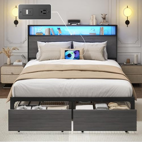 Lifezone Full Bed Frame with 2-Tier Storage Headboard, Metal Bed Frame with Storage Drawers & Built-in Charging Station & LED, Noise-Free, No Box Spring Needed, Easy Assembly, Rustic Grey Lifezone