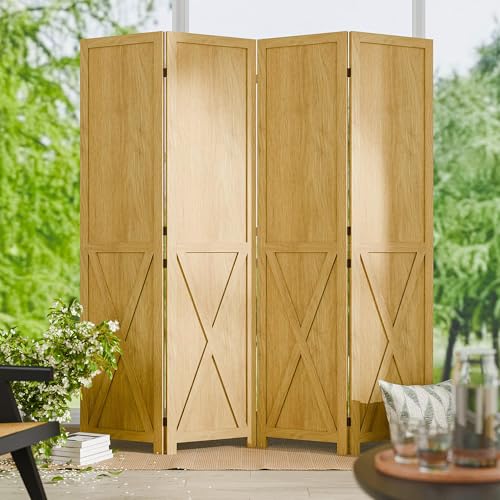 Cozy Castle Wood Room Divider, 4 Panels Folding Privacy Screen, 66.9'' Wall Divider, Barnwood Room Separator, Freestanding Partition, Temporary Wall for for Home Office Restaurant Decorative, Natural Cozy Castle