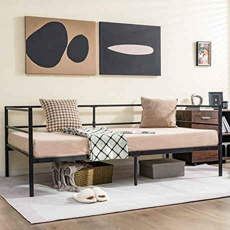 Giantex Metal Twin Daybed Frame, Day Bed with Metal Slat Support & 3-Sided Guardrails, 2-in-1 Space-Saving Sofa Bed for Living Room Guest Room, No Box Spring Needed, Black Giantex