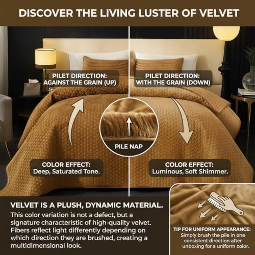 Powdion Velvet Quilt King Size,Bedspread Quilted Bedding Set,Luxurious Soft Coverlet Set Lightweight Velvet Comforter with Pillow Shams Brown, 96x106 Cross Stitch Striped Quilt Set Powdion