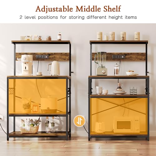 SUPERJARE Bakers Rack with Power Outlets, Microwave Stand, 31.5 X 16.5 Inch Larger Desktop, Kitchen Storage Rack with Adjustable Middle Shelf, 6 S-Shaped Hooks, Coffee Bar Stand, Rustic Brown