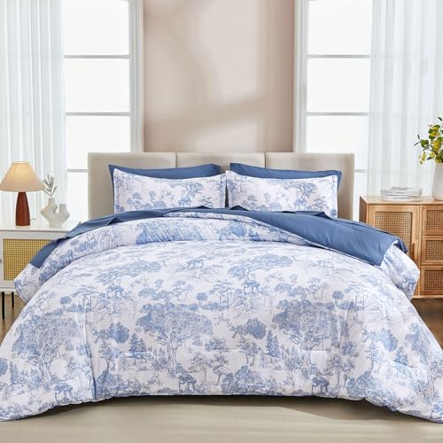 DJY Blue Comforter Set Queen, 7 Pieces Bed in a Bag Queen Size Botanical Comforters with Sheets Elegant Plants Print Soft Microfiber Reversible Complete Bedding Sets for All Season DJY