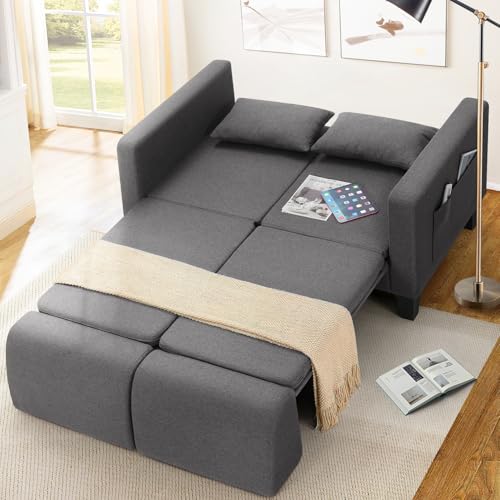 SEJOV 6-in-1 Convertible Sofa Bed, 58" Loveseat Sleeper Sofas with Pull Out Couch Bed, Removable Backrest, Storage Pockets and 2 Pillows, Modern Folding Linen Futon Couch for Small Spaces, Gray SEJOV