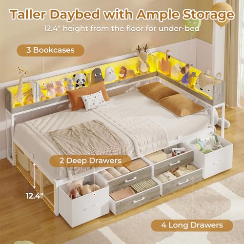 MSmask 14 Inch Corner Bed Frame with Bookcase Storage, Twin Daybed with 6 Drawers, Charging Station and LED Light, Twin Size Metal Platform Bed Frame for Kids Teenagers, White & Oak Grey MSmask
