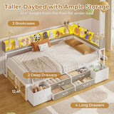 MSmask 14 Inch Corner Bed Frame with Bookcase Storage, Twin Daybed with 6 Drawers, Charging Station and LED Light, Twin Size Metal Platform Bed Frame for Kids Teenagers, White & Oak Grey MSmask