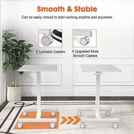 Sweetcrispy Small Mobile Standing Desk, Rolling Laptop Computer Carts, Portable Laptop Desk with Wheels, Adjustable Height Table for Home Office, White Sweetcrispy