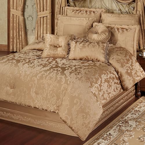 Monaco Luxury Bedding | Royal Monochromatic Metallic Gold | Puff Jacquard-Woven Acanthus Damask and Scrollwork | 4-Pc Bed Set Includes Oversized California King Comforter, Bedskirt, and 2 King Shams J. Queen New York